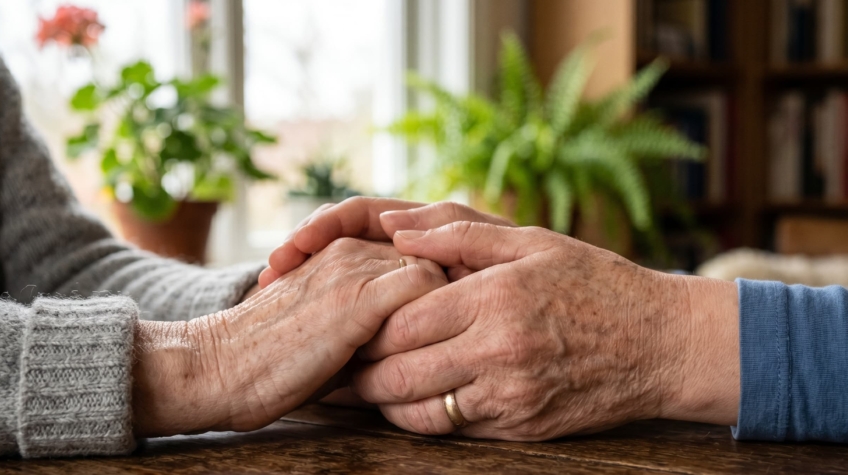 Mains couple de personnes agées. Contrat obsèque et dernières volontés